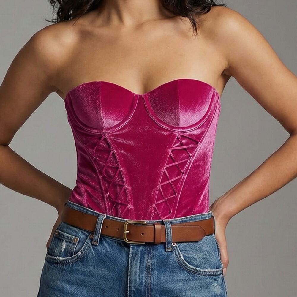 Savage X Fenty Magenta Velvet Vixen Lace-Up Corset Bustier Top Hot Pink Large